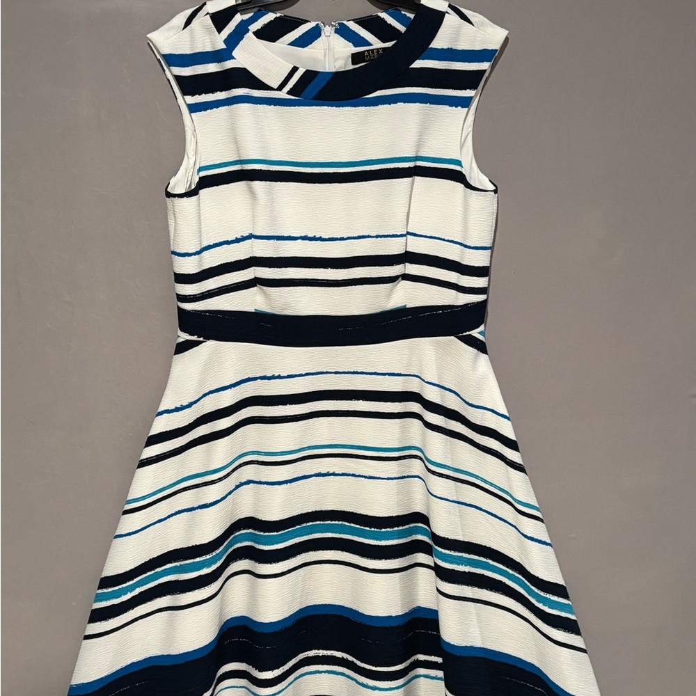 Alex Marie Sleeveless A-line Dress with A Black White Blue Striped Pattern.Sz 12